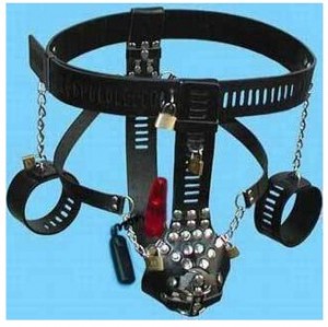male chastity device with hand cuffs.
