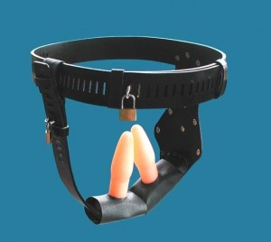 chastity belt with dildo masturbator.