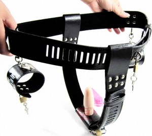 female chastity belt with anal plug and wrist cuffs