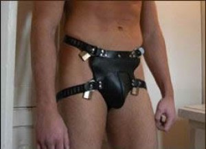 Male leather chastity belt.