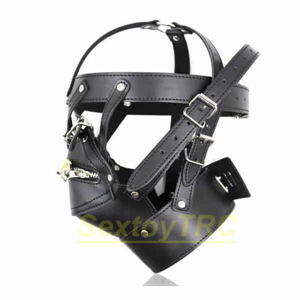 new design bondage hood, leather bondage hood, leather hood harness