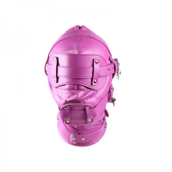 pink bondage hood, pink bondage muzzle, pink leather hood